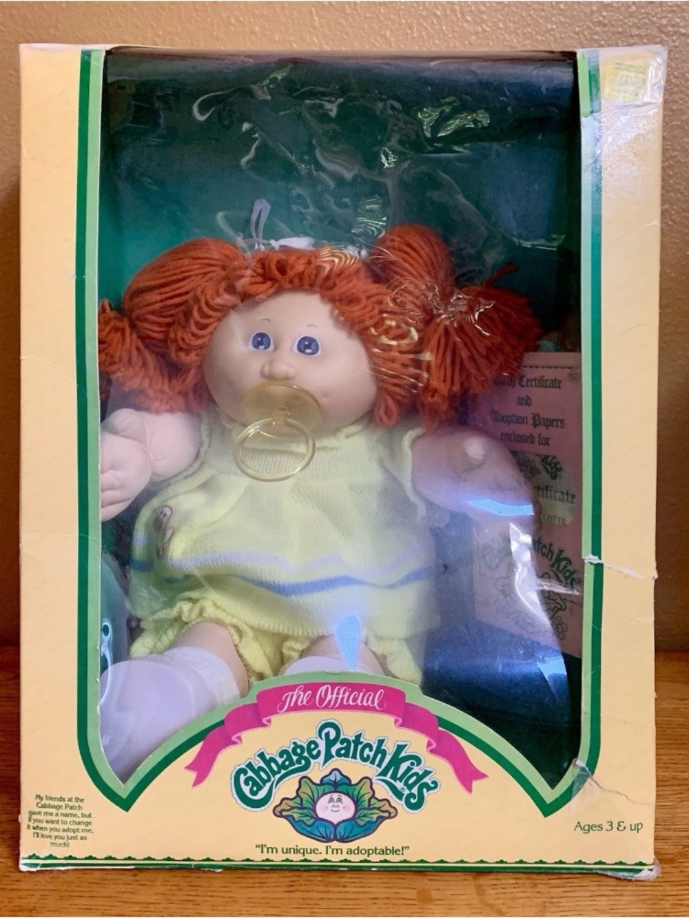 Vintage Cabbage Patch Kids Doll With Red Hair Pacifier In Box CARLINE KARLOTTE